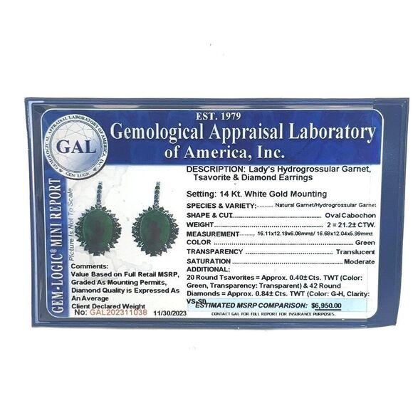 Garnet Tsavorite & Diamond Earrings 14k WG 22.44 TCW Certified $6,950 311038 - Picture 12 of 12